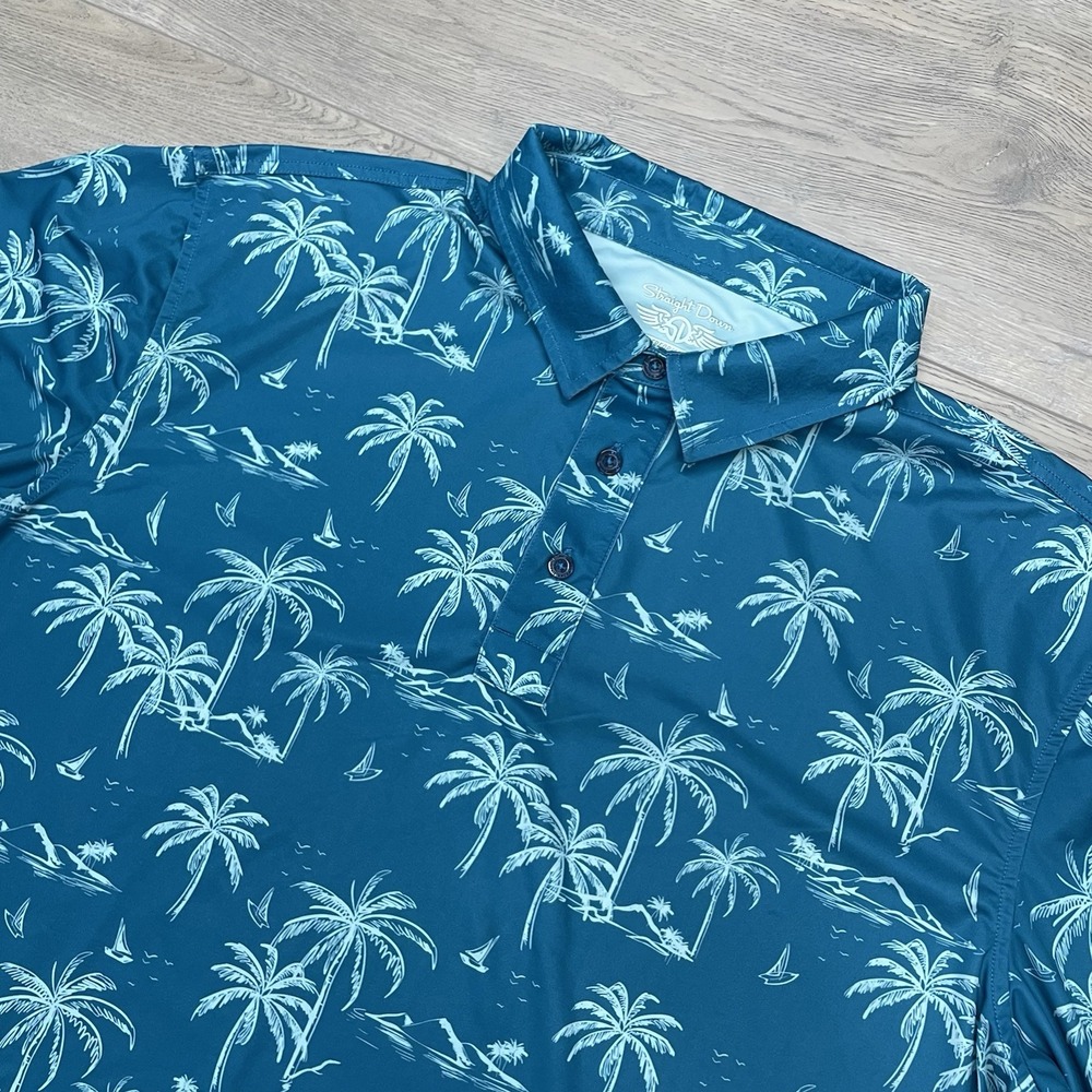 Palmetto Golf Club Straight Down Performance Polo Men Sz XXL Blue Tropical AOP